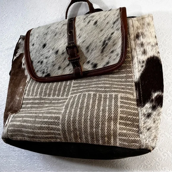 Myra Bag Handmade Crossroads Backpack Upcycled Canvas Cowhide Leather Patchwork - Picture 4 of 16